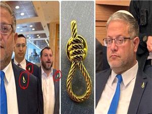 بن گوير با سنجاق سينه اي بشکل طناب دار در کنست براي اعدام اسيران فلسطيني حاضر شد