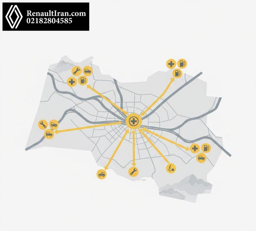 نقشه پوشش امداد خودرو رنو در تهران و مسیرهای جاده‌ای